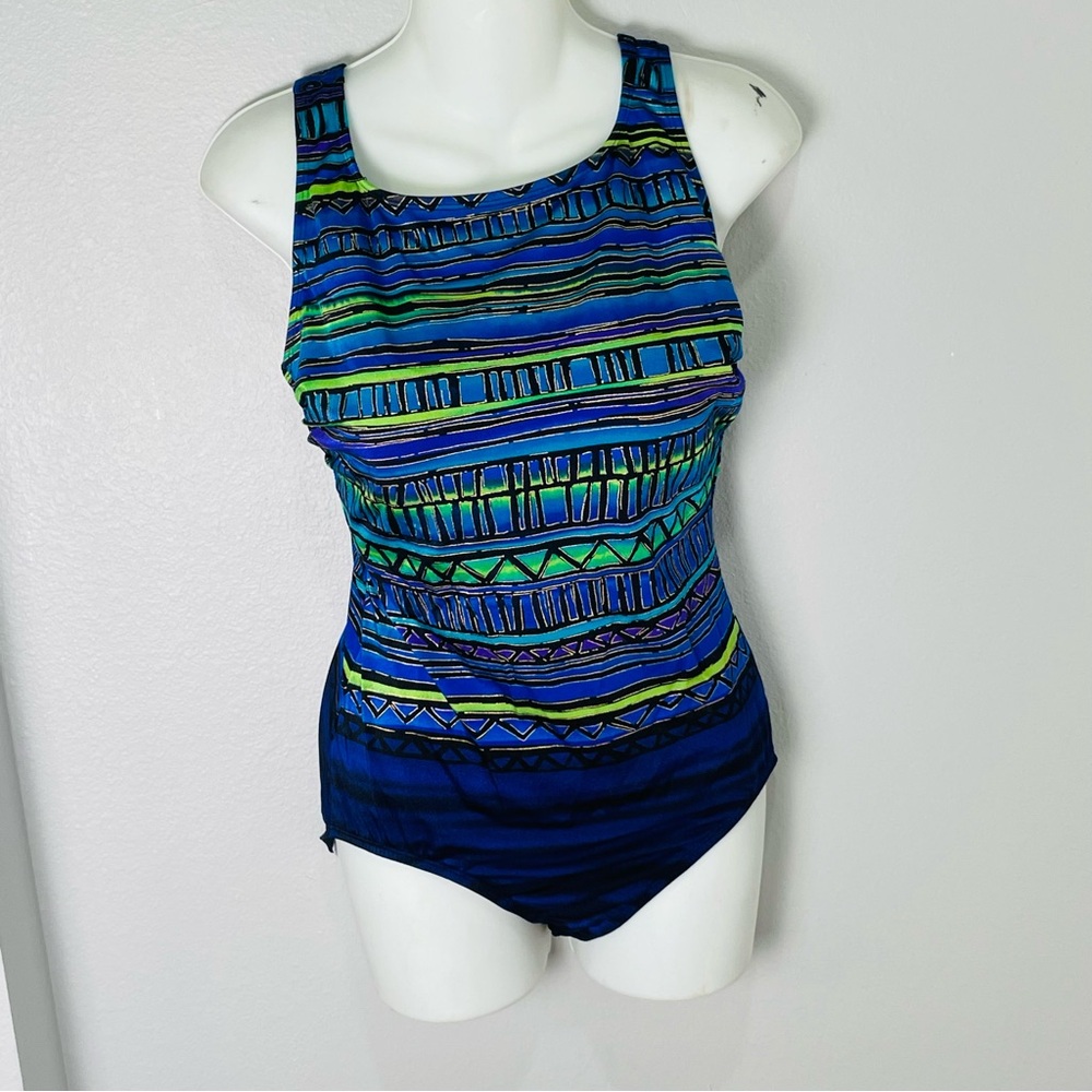 Longitude Blue & Gold Metallic Geometric Pattern Onepiece Swimsuit Women Size 14
